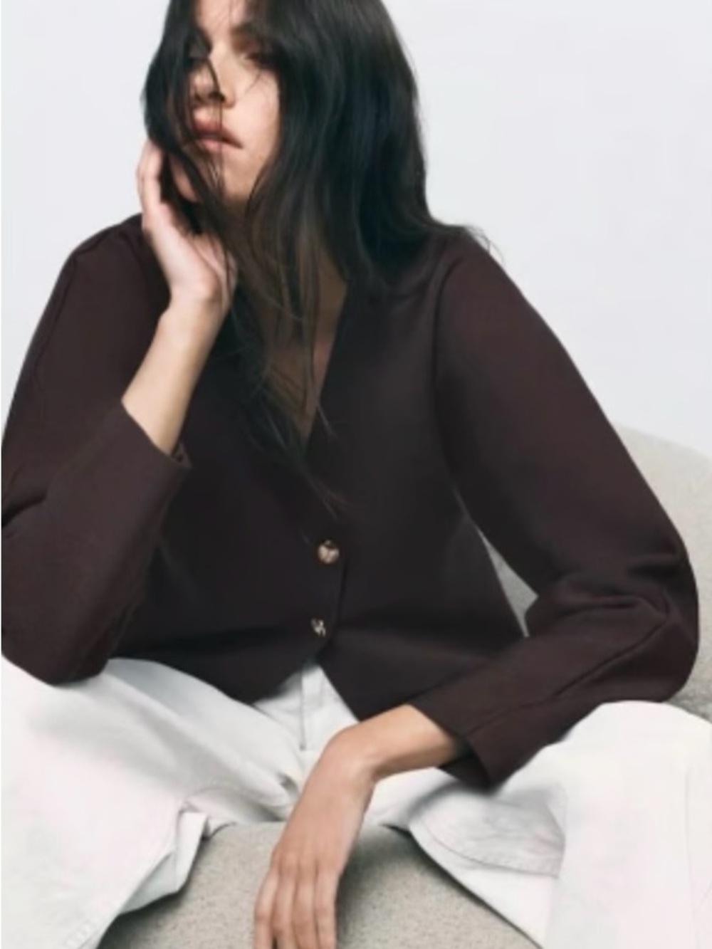 Zara Dark Chocolate Brown V-Neck 2 Button Cardigan Sweater. Size Medium.